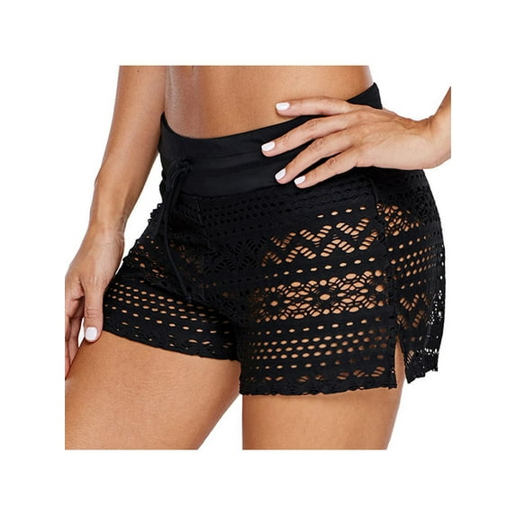 Womens Side Split Sexy Waistband Bokini Panty Liner Swim Lace Shorts, Spilt Black, Small