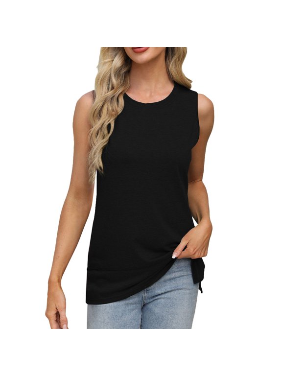 Womens Side Split Tank Top Crew Neck Sleeveless Summer Basic Loose Fit T-Shirt Blouse Shell Vest Top Soft Wear XXL