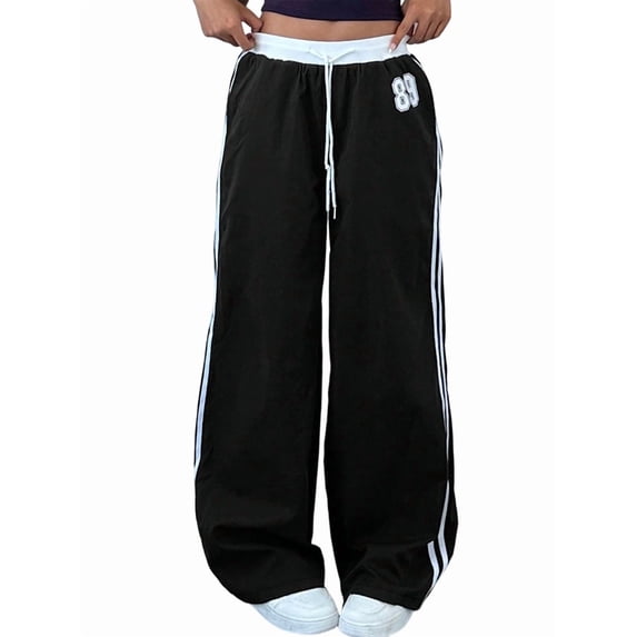 Womens Side Striped Pant Baggy Wide Leg Sweatpants Elastic Waisted Contrast Stripe Loose Fit Trousers Black L