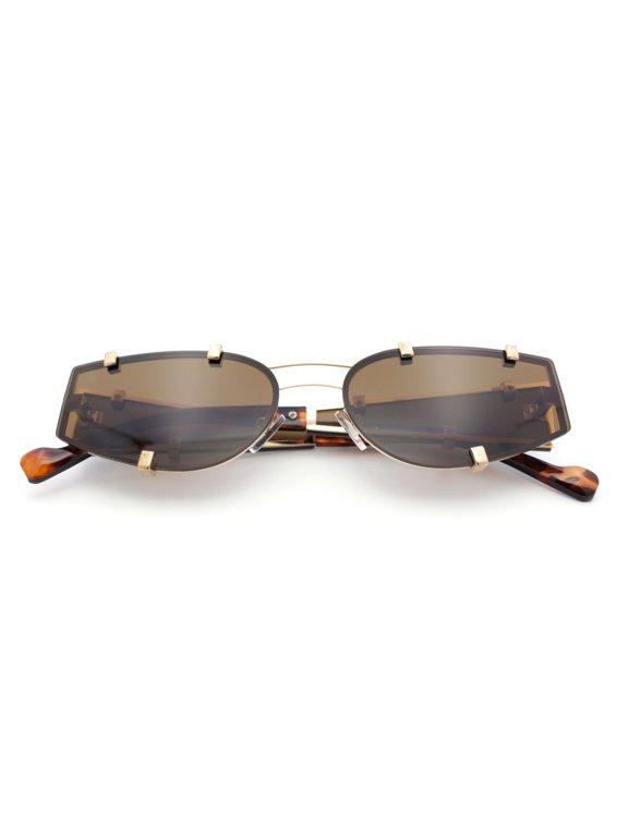 Womens Side Visor Retro Hipster Rimless Taper Rectangle Metal Rim Sunglasses Gold - Brown