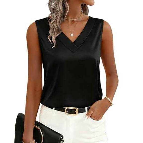Womens Silk Camisole V Neck Sleeveless Tank Satin Dressy Blouse Summer Business Casual Work Tops 2026 Black 2XL