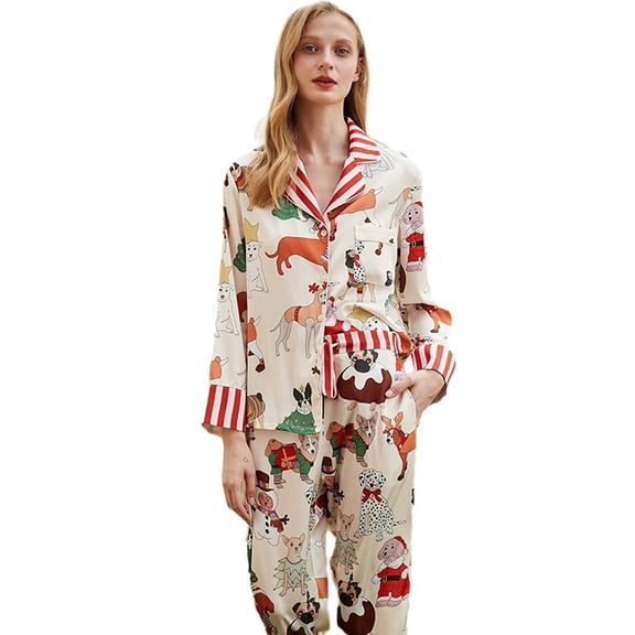 Womens Silk Christmas Pajamas Set Button Down 2 Piece Pjs Long Sleeve Oversized Sleepwear with Pockets