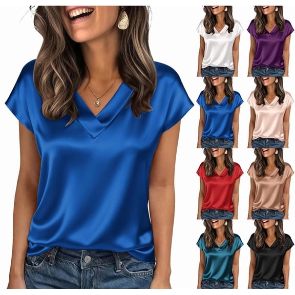 Womens Silk Dressy Casual Business Blouse Ruffle Sleeve Tops Summer V Neck Pleated Work Shirts Blue XXL