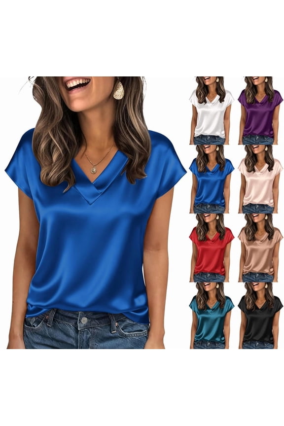 Womens Silk Dressy Casual Business Blouse Ruffle Sleeve Tops Summer V Neck Pleated Work Shirts Blue XXL
