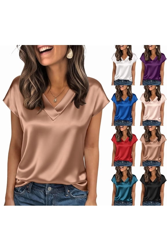Womens Silk Dressy Casual Business Blouse Ruffle Sleeve Tops Summer V Neck Pleated Work Shirts Champagne XXL