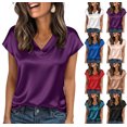 thumbnail image 1 of Womens Silk Dressy Casual Business Blouse Ruffle Sleeve Tops Summer V Neck Pleated Work Shirts Purple M, 1 of 6