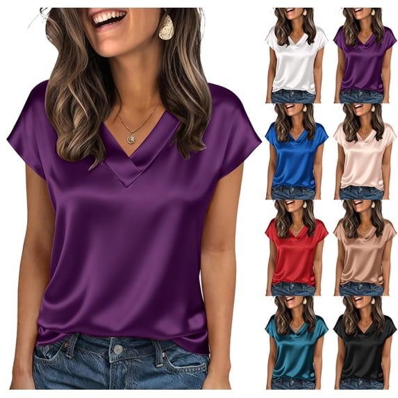 Womens Silk Dressy Casual Business Blouse Ruffle Sleeve Tops Summer V Neck Pleated Work Shirts Purple M