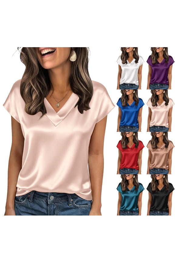 Womens Silk Dressy Casual Business Blouse Ruffle Sleeve Tops Summer V Neck Pleated Work Shirts Rose Gold M