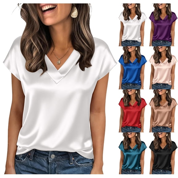 Womens Silk Dressy Casual Business Blouse Ruffle Sleeve Tops Summer V Neck Pleated Work Shirts White XXL