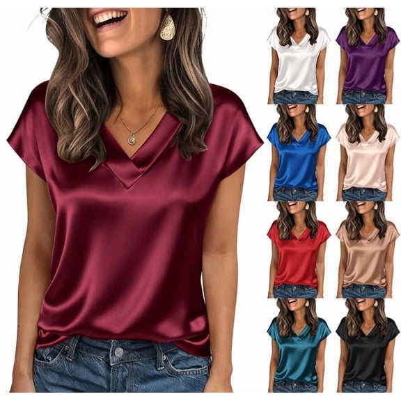 Womens Silk Dressy Casual Business Blouse Ruffle Sleeve Tops Summer V Neck Pleated Work Shirts Wine XXL