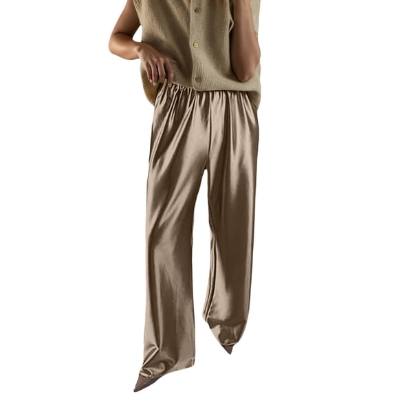 Womens Silk High Waist Casual Pants Flowy Wide Leg Trousers with Tapered Fit Comfortable Loungewear Full Length Coffee M