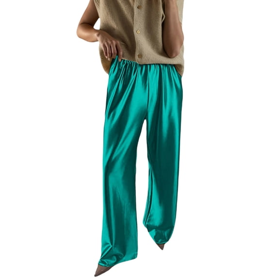 Womens Silk High Waist Casual Pants Flowy Wide Leg Trousers with Tapered Fit Comfortable Loungewear Full Length Green L