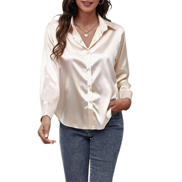 Womens Silk Like Satin Button Down Formal Shirts Long Sleeve Casual Office  Work Blouse Tops 