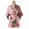 thumbnail image 1 of Womens Silk-Like Short Bathrobe Kimono Robe Peacock & Blossoms Pajamas, Pink, 1 of 1