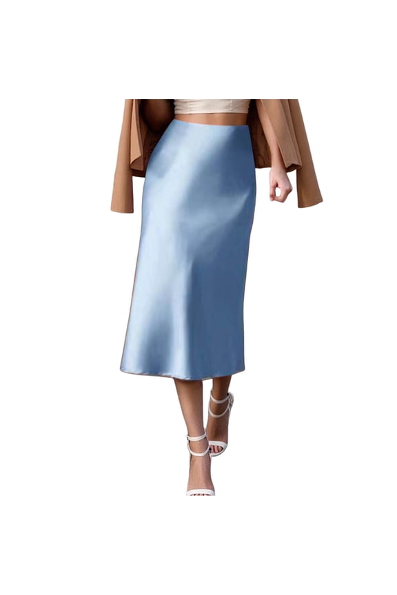 Womens Silk Midi Length Skirts Solid Elegant Slim Fit Spring Summer Fall Casual Work Dressy Blue Skirt L