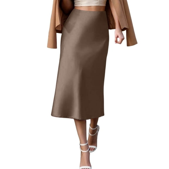 Womens Silk Midi Length Skirts Solid Elegant Slim Fit Spring Summer Fall Casual Work Dressy Khaki Skirt M