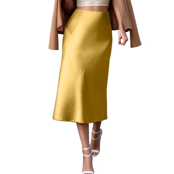 Womens Silk Midi Length Skirts Solid Elegant Slim Fit Spring Summer Fall Casual Work Dressy Yellow Skirt L