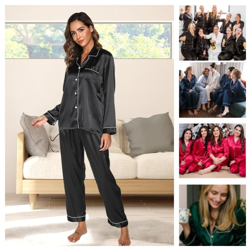 Womens Silk Pajama Sets Long Sleeve Satin Pajamas Set for Women Classic Button Down Silk Pajamas