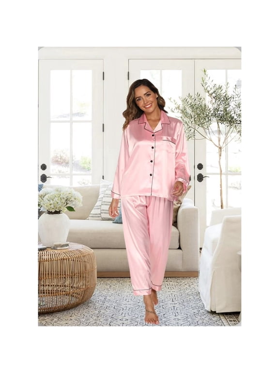 Womens Silk Pajama Sets Long Sleeve Satin Pajamas Set for Women Classic Button Down Silk Pajamas Women Satin Sleepwear Set Womens Soft Loungewear Set with Long Pants, S-XL (Pink)