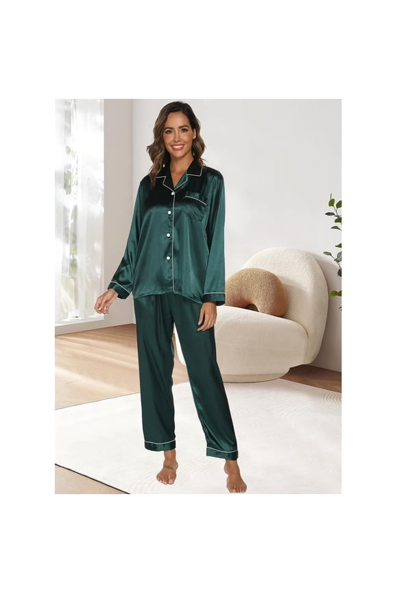 Luxurious Satin Pajama Set for Women - Long Sleeve Button Down Sleepwear with Pants,Valentine's Nightwear Gift Set,2 Piece Classic Loungewear,S-XL(Green)