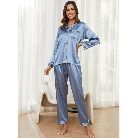 Luxurious Satin Pajama Set for Women - Long Sleeve Button Down Sleepwear with Pants,Valentine's Nightwear Gift Set,2 Piece Classic Loungewear,S-XL(Gray Blue)