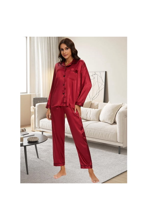 Luxurious Satin Pajama Set for Women - Long Sleeve Button Down Sleepwear with Pants,Valentine's Nightwear Gift Set,2 Piece Classic Loungewear,S-XL(Red)