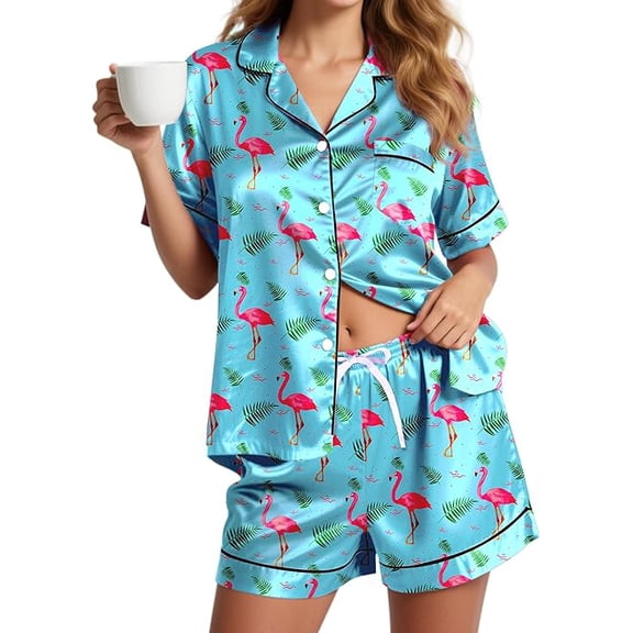 Womens Silk Pajama Sets Short Sleeve Flamingo Loungewear 2 Pcs Satin Soft Blue Pj Sets for Woman Button Down Women's Summer Sleepwear Size Extra Large