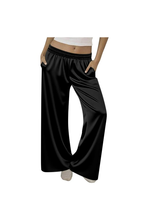 Womens Silk Pajamas Casual Color Elastic Loose Leisure Sports Elasticity Pants Straight Vintage Trousers With Pockets