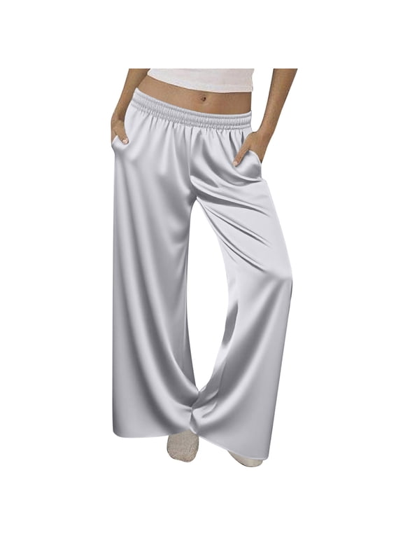 Womens Silk Pajamas Casual Color Elastic Loose Leisure Sports Elasticity Pants Straight Vintage Trousers With Pockets
