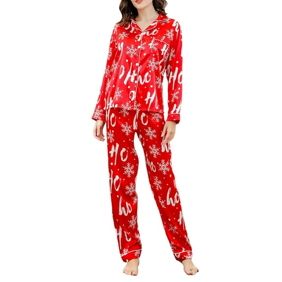 Womens  Silk Pajamas Christmas Pj Long Sleeve Sleepwear Satin Soft Button Down Loungewear Pjs Set