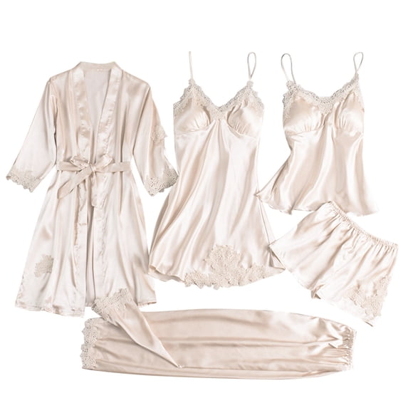 Womens Silk Pajamas Robes Set Sexy Satin Pjs Sets 5Pcs Nightgown Cami Shorts Pants Sleepwear Summer Cute Loungewear