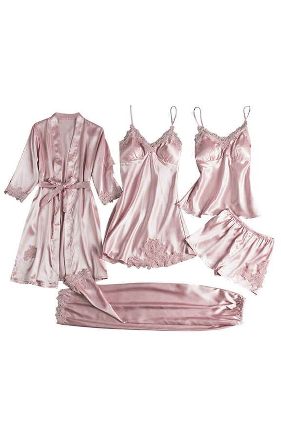 Womens Silk Pajamas Robes Set Sexy Satin Pjs Sets 5Pcs Nightgown Cami Shorts Pants Sleepwear Summer Cute Loungewear