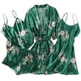 thumbnail image 1 of Womens Silk Pajamas Sets 4PCS Floral Sleepwear Loungewear Satin Robe Cami Shorts Pj Set Fashion Nightgown Nightwear Green, L, 1 of 7