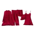 thumbnail image 1 of Womens Silk Pajamas Sets 5PCS Floral Sleepwear Loungewear Satin Robe Cami Shorts Pants Pj Set Fashion Nightgown Wine, 2XL, 1 of 7