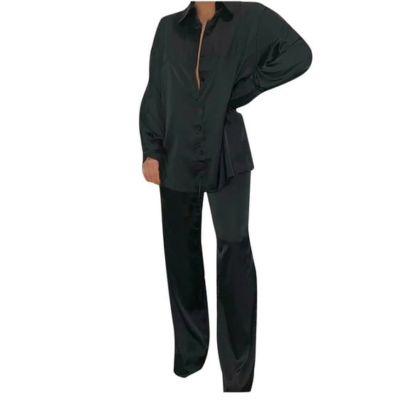 Womens Silk Satin 2 Piece Outfit Long Sleeve Lapel Button Down Shirts Tops Wide Leg Palazzo Pants Loungewear Pajama Set Womens Clothes
