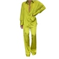 thumbnail image 1 of Womens Silk Satin 2 Piece Outfit Long Sleeve Lapel Button Down Tops Shirts Wide Leg Long Pants Loungewear Pajama Set, 1 of 6