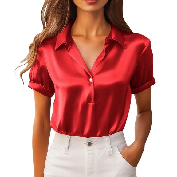 Womens Silk Satin Blouse Button Down V Neck Short Sleeve Shirts Elegant Casual Loose Work Business Summer Tops