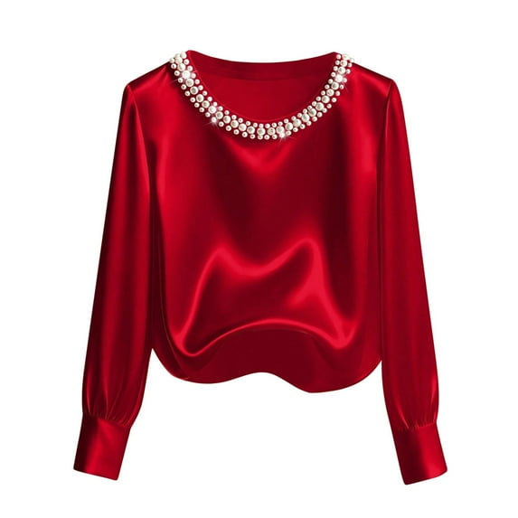Womens Silk Satin Blouse Pearls Crew Neck Long Sleeve Shirts Solid Color Elegant Casual Loose Tops Business Holiday Outfits