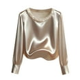 thumbnail image 1 of Womens Silk Satin Blouse Pearls Crew Neck Long Sleeve Shirts Solid Color Elegant Casual Loose Tops Business Holiday Outfits, 1 of 5