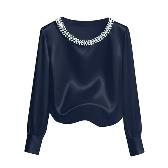 Womens Silk Satin Blouse Pearls Crew Neck Long Sleeve Shirts Solid Color Elegant Casual Loose Tops Business Holiday Outfits