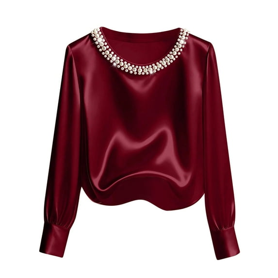 Womens Silk Satin Blouse Pearls Crew Neck Long Sleeve Shirts Solid Color Elegant Casual Loose Tops Business Holiday Outfits