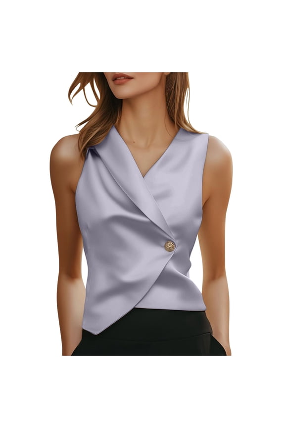 Womens Silk Satin Blouse Wrap V Neck Button Down Sleeveless Shirts Elegant Casual Tunic Summer Business Work Tank Tops