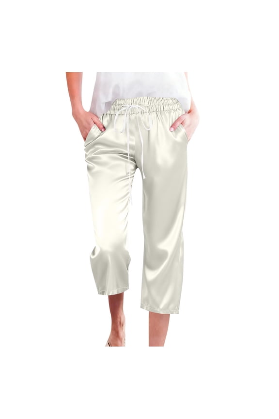 Womens Silk Satin Capri Pants Casual Loose Pajama Pants Loungewear Elastic Waist Wide Leg Pj Bottoms with Pockets White 2XL
