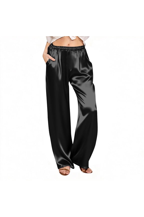 Womens Silk Satin Pajama Pants Casual Loose Lounge Pants Drawstring Elastic Waist Wide Leg Bottoms with Pockets,sizes S-2XL
