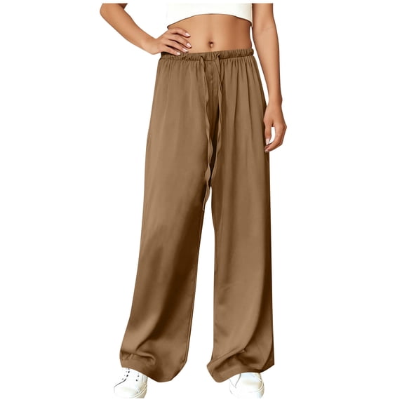Womens Silk Satin Pajama Pants Casual Loose Lounge Pants Drawstring Elastic Waist Wide Leg Pj Bottoms with Pockets
