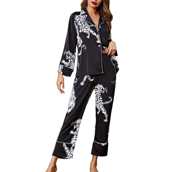 Womens Silk Satin Pajama Set Long Sleeve Notch Collar Loungewear Two Piece Sleepwear Button Down Pj Set