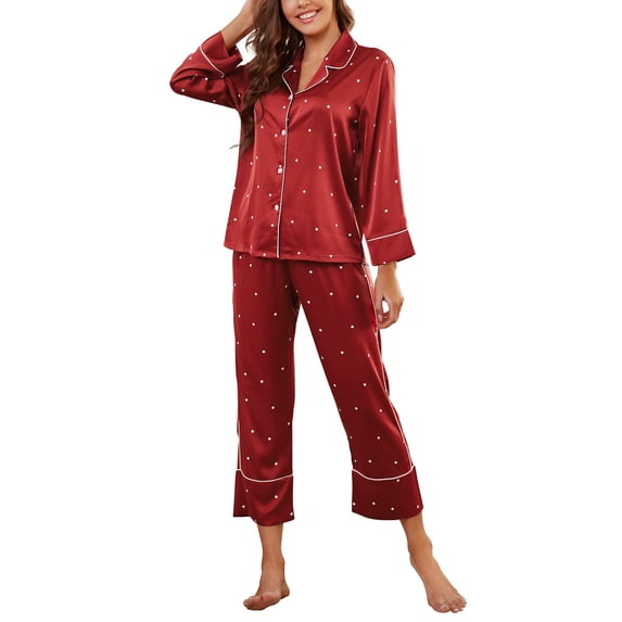 Womens Silk Satin Pajama Set Long Sleeve Notch Collar Loungewear Two Piece Sleepwear Button Down Pj Set
