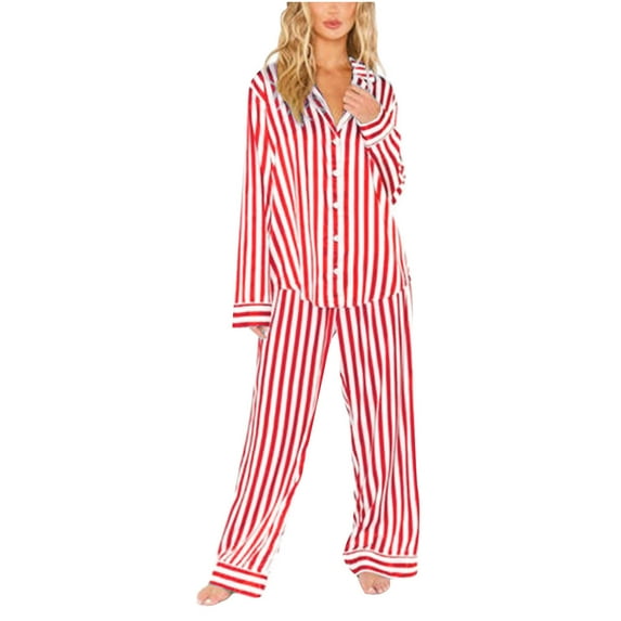 Womens Silk Satin Pajama Sets 2 Piece Sleepwear Pjs Set Long Sleeve Button Down Top and Pants Loungewear Red S