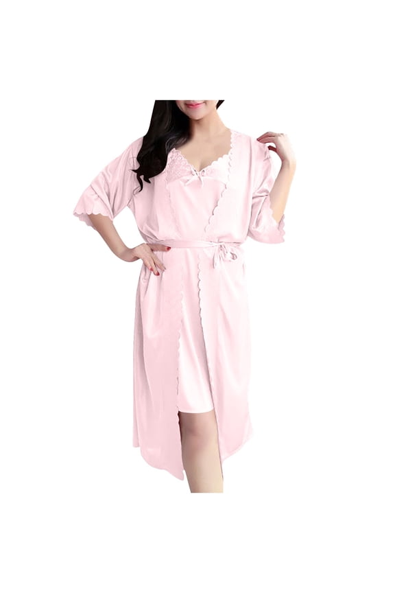 Womens Silk Satin Pajama Sets 2pcs V Neck Slip Dress Bridesmaid Bride Party Bath Robe Loungewear Dressing Gowns