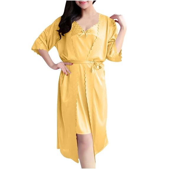 Womens Silk Satin Pajama Sets 2pcs V Neck Slip Dress Bridesmaid Bride Party Bath Robe Loungewear Dressing Gowns